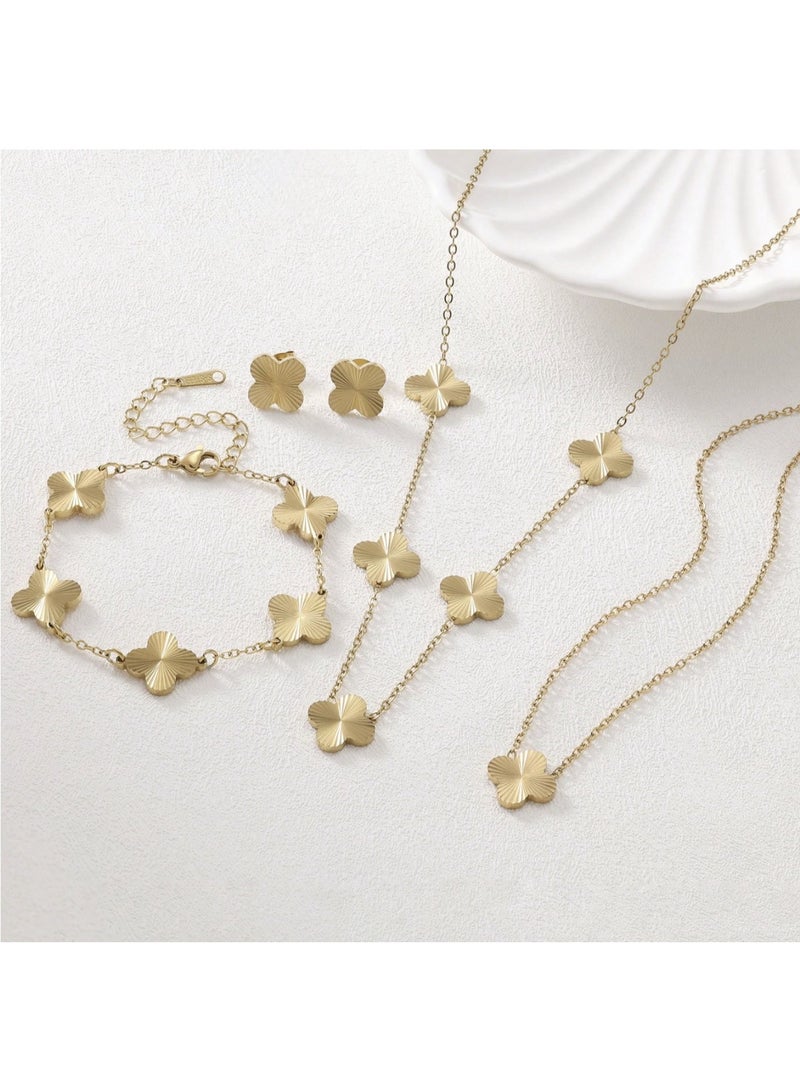 veya Elegant three-piece accessory set (necklace + bracelet + earrings) with a handcrafted quadrant design made of stainless steel - Image 2